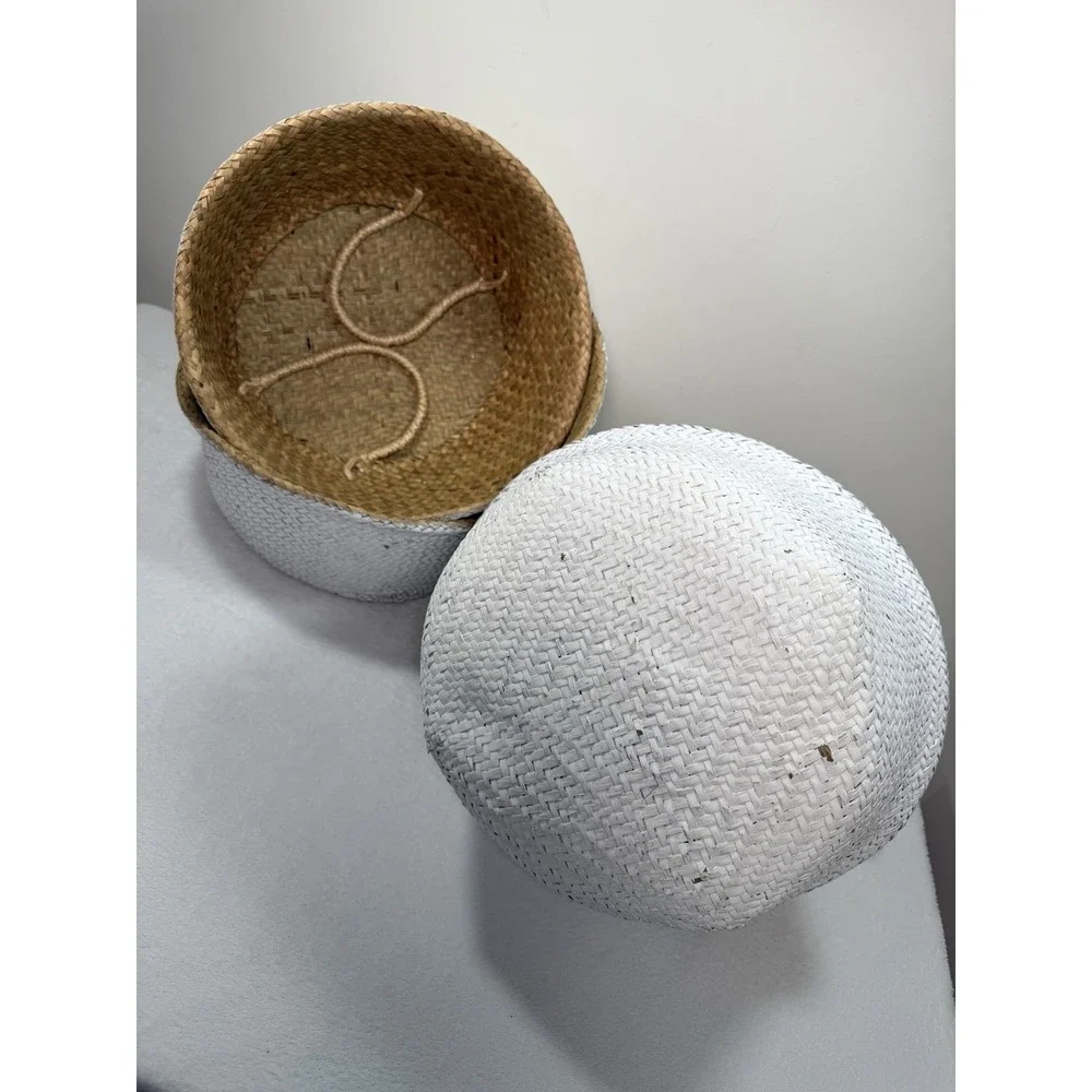 Woven Wicker Seagrass Belly Plant Basket Tan/White Indoor Outdoor Storage New